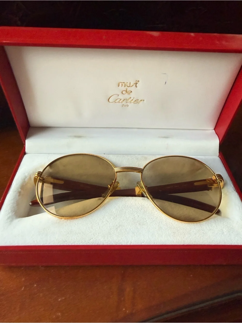 RARE Authentic Vintage Cartier Bagatelle Wood Sunglasses 135b w/ Red Box